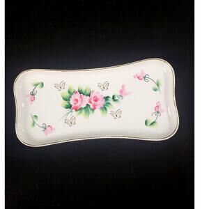 Vintage MCM Hand Painted Porcelain Floral Dresser Tray Roses Butterflies